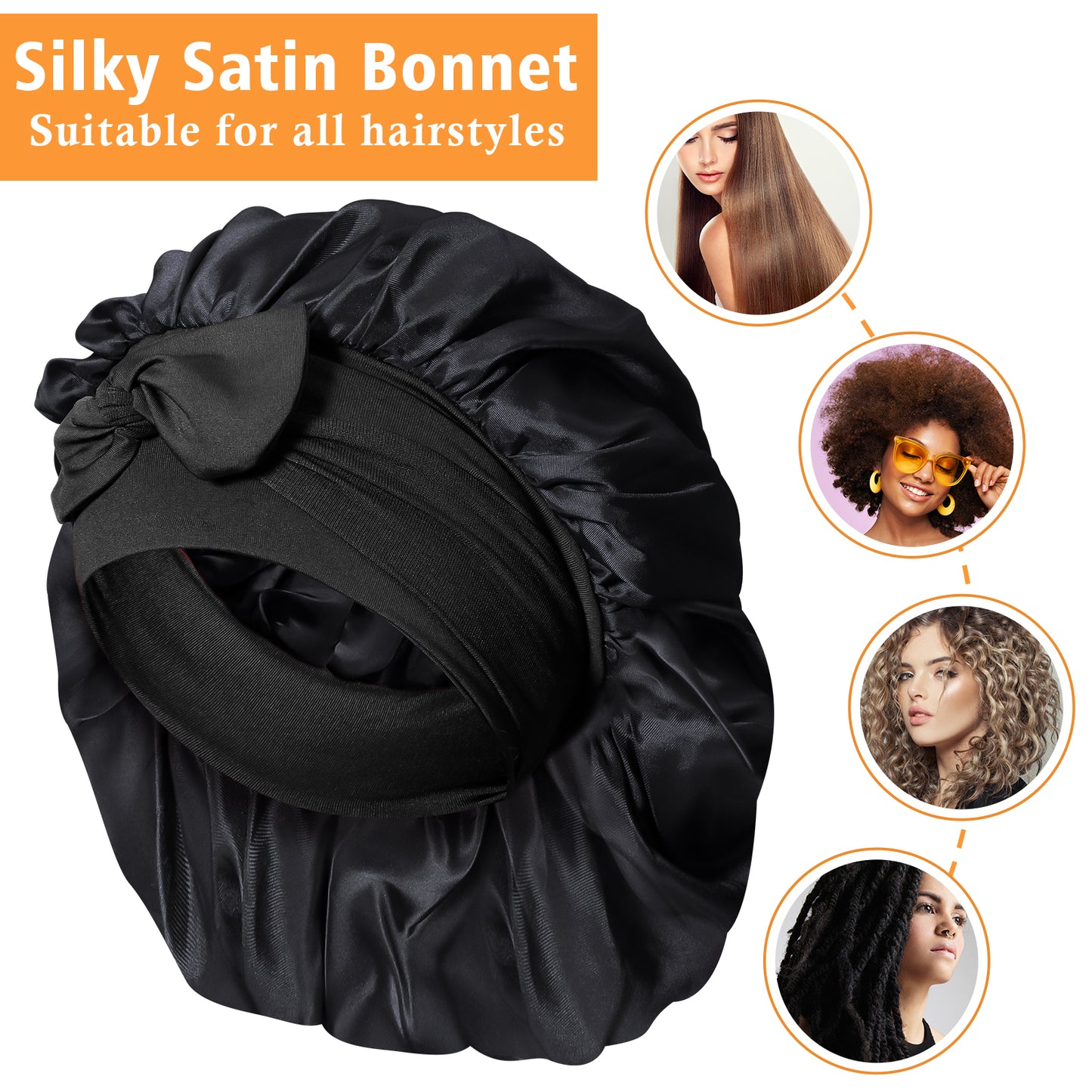 Kenllas Satin Silk Bonnet for Women - Large Sleep Cap with Tie Band for Curly Dreadlock Braid Hair Care