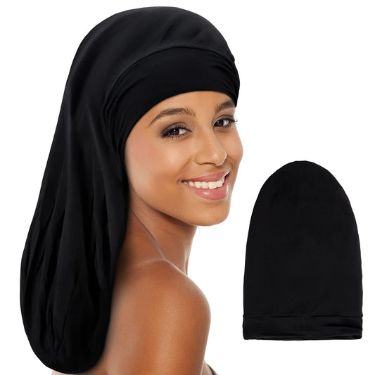 Kenllas Long Satin Sleep Cap for Women - Black