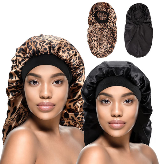 Kenllas Long Sleep Cap for Women - Black&Leopard