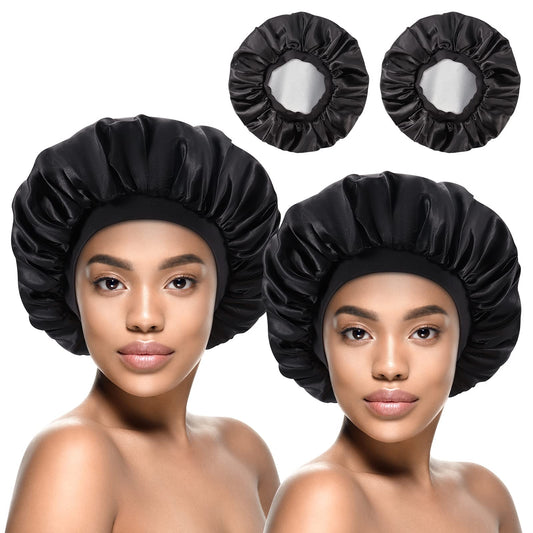 Kenllas Double Layer Short Satin Sleep Bonnet - Black&Black