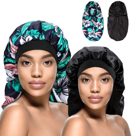 Kenllas Long Large Satin Sleep Bonnet - Black & Flower