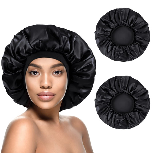 Kenllas Short Satin Sleep Cap for Women-Black&Black