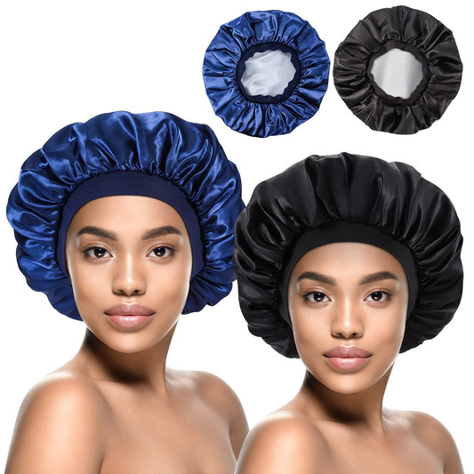 Kenllas Double Layer Short Satin Sleep Bonnet - Black&Blue