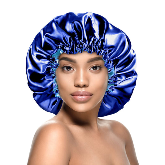 Kenllas Double Layer Short Satin Silk Bonnet for Women - Navy & Light Blue